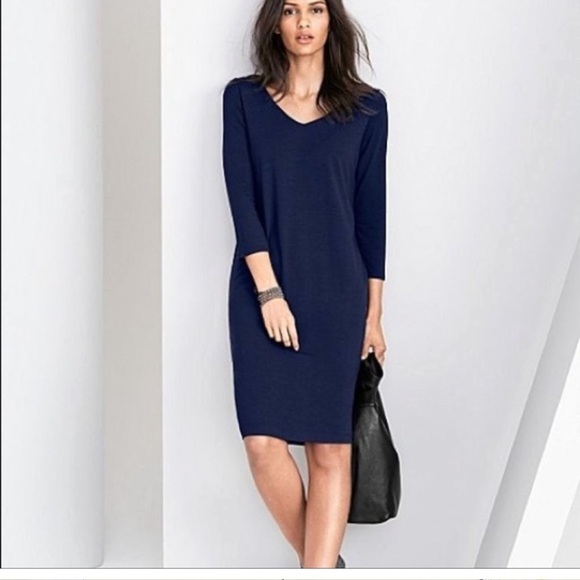 Eileen Fisher Navy V-Neck Dress With Long Sleeves - Picture 1 of 7